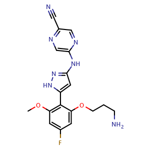 Chemical structure of 5-((5-(2-(3-aminopropoxy)-4-fluoro-6-methoxyphenyl)-1H-pyrazol-3-yl)amino)pyrazine-2-carbonitrile , CAS 2120398-39-0, AChemBlock Y224798