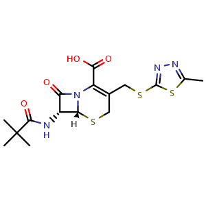 Chemical structure of (6R,7R)-3-(((5-methyl-1,3,4-thiadiazol-2-yl)thio)methyl)-8-oxo-7-pivalamido-5-thia-1-azabicyclo[4.2.0]oct-2-ene-2-carboxylic acid , CAS 1798390-48-3, AChemBlock Y224799