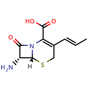 Chemical structure of (6R,7R)-7-amino-8-oxo-3-[(1E)-prop-1-enyl]-5-thia-1-azabicyclo[4.2.0]oct-2-ene-2-carboxylic acid , CAS 107937-01-9, AChemBlock Y224802