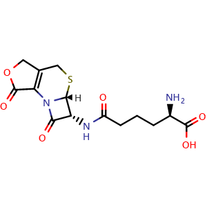 Chemical structure of (R)-2-amino-6-(((5aR,6R)-1,7-dioxo-1,3,4,5a,6,7-hexahydroazeto[2,1-b]furo[3,4-d][1,3]thiazin-6-yl)amino)-6-oxohexanoic acid , CAS 2429-86-9, AChemBlock Y224803
