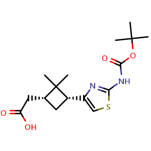 Chemical structure of 2-((1R,3R)-3-(2-((tert-butoxycarbonyl)amino)thiazol-4-yl)-2,2-dimethylcyclobutyl)acetic acid , AChemBlock Y224823
