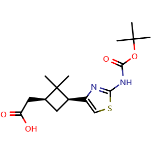 Chemical structure of 2-((1S,3S)-3-(2-(tert-butoxycarbonylamino)thiazol-4-yl)-2,2-dimethylcyclobutyl)acetic acid , AChemBlock Y224824