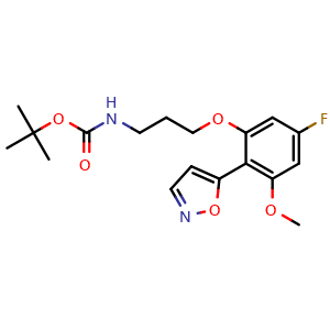 Chemical structure of tert-butyl (3-(5-fluoro-2-(isoxazol-5-yl)-3-methoxyphenoxy)propyl)carbamate , CAS 2971350-97-5, AChemBlock Y224830