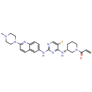 Chemical structure of (R)-1-(3-((5-fluoro-2-((2-(4-methylpiperazin-1-yl)quinolin-6-yl)amino)pyrimidin-4-yl)amino)piperidin-1-yl)prop-2-en-1-one , AChemBlock Y224831