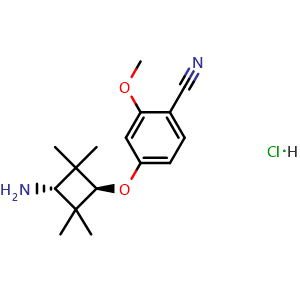 Chemical structure of rel-4-((1r,3r)-3-amino-2,2,4,4-tetramethylcyclobutoxy)-2-methoxybenzonitrile hydrochloride , CAS 3026594-83-9, AChemBlock Y224832