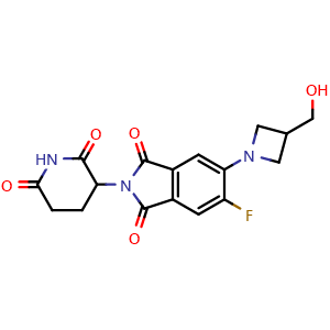 Chemical structure of 2-(2,6-dioxopiperidin-3-yl)-5-fluoro-6-(3-(hydroxymethyl)azetidin-1-yl)isoindoline-1,3-dione , AChemBlock Y224834