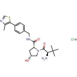Chemical structure of (2R,4R)-1-((R)-2-amino-3,3-dimethylbutanoyl)-4-hydroxy-N-(4-(4-methylthiazol-5-yl)benzyl)pyrrolidine-2-carboxamide hydrochloride , AChemBlock Y224850
