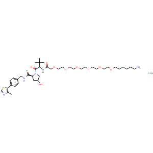 Chemical structure of (2S,4R)-1-((S)-27-amino-2-(tert-butyl)-4-oxo-6,9,12,15,18,21-hexaoxa-3-azaheptacosan-1-oyl)-4-hydroxy-N-(4-(4-methylthiazol-5-yl)benzyl)pyrrolidine-2-carboxamide hydrochloride , AChemBlock Y224863
