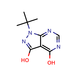 Chemical structure of 1-(tert-butyl)-1H-pyrazolo[3,4-d]pyrimidine-3,4-diol , CAS 1151651-82-9, AChemBlock Y224869