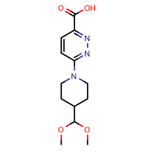 Chemical structure of 6-(4-(dimethoxymethyl)piperidin-1-yl)pyridazine-3-carboxylic acid , CAS 3037705-45-3, AChemBlock Y224873