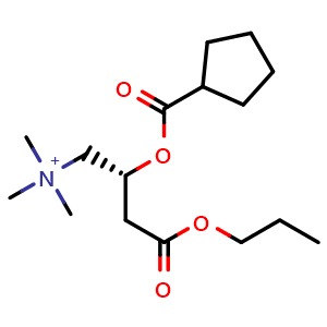 Chemical structure of (R)-2-((cyclopentanecarbonyl)oxy)-N,N,N-trimethyl-4-oxo-4-propoxybutan-1-aminium , AChemBlock Y224877