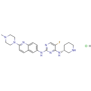 Chemical structure of (R)-5-fluoro-N2-(2-(4-methylpiperazin-1-yl)quinolin-6-yl)-N4-(piperidin-3-yl)pyrimidine-2,4-diamine hydrochloride , AChemBlock Y224882