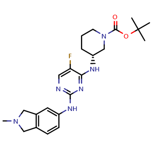 Chemical structure of tert-butyl (R)-3-((5-fluoro-2-((2-methylisoindolin-5-yl)amino)pyrimidin-4-yl)amino)piperidine-1-carboxylate , AChemBlock Y224884