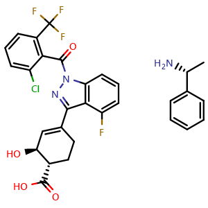 Chemical structure of (R)-1-phenylethan-1-amine (1S,2S)-4-(1-(2-chloro-6-(trifluoromethyl)benzoyl)-4-fluoro-1H-indazol-3-yl)-2-hydroxycyclohex-3-ene-1-carboxylate , AChemBlock Y224886