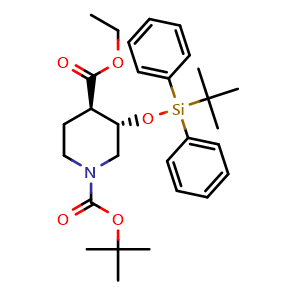 Chemical structure of 1-(tert-butyl) 4-ethyl (3S,4R)-3-((tert-butyldiphenylsilyl)oxy)piperidine-1,4-dicarboxylate , AChemBlock Y224887