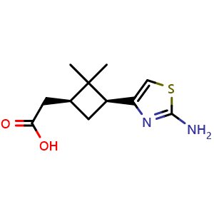 Chemical structure of 2-((1S,3S)-3-(2-aminothiazol-4-yl)-2,2-dimethylcyclobutyl)acetic acid , AChemBlock Y224896