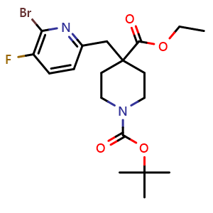 Chemical structure of 1-(tert-butyl) 4-ethyl 4-((6-bromo-5-fluoropyridin-2-yl)methyl)piperidine-1,4-dicarboxylate , AChemBlock Y224909