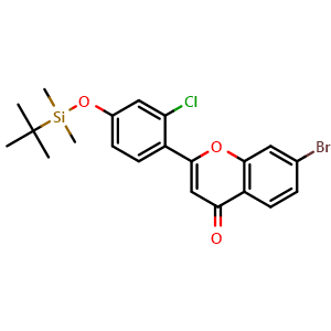Chemical structure of 7-bromo-2-(2-chloro-4-{[dimethyl(2-methylprop-2-yl)silyl]oxy}phenyl)-4H-chromen-4-one , CAS 3037695-84-1, AChemBlock Y224958