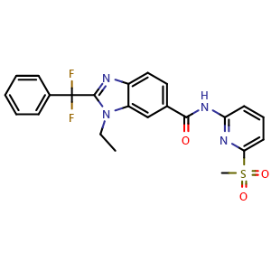 Chemical structure of 2-(difluoro(phenyl)methyl)-1-ethyl-N-(6-(methylsulfonyl)pyridin-2-yl)-1H-benzo[d]imidazole-6-carboxamide , AChemBlock Y224962