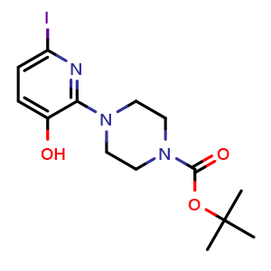 Chemical structure of 3-Hydroxy-6-iodo-2-(4-tert-butoxycarbonylpiperazin-1-yl)-pyridine , CAS 1824063-25-3, AChemBlock Y224976