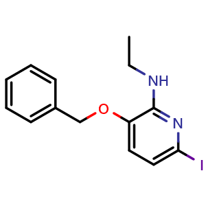 Chemical structure of 3-Benzyloxy-2-ethylamino-6-iodopyridine , CAS 1822670-00-7, AChemBlock Y224977