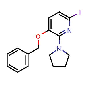 Chemical structure of 3-Benzyloxy-6-iodo-2-(pyrrolidin-1-yl)-pyridine , CAS 1117686-45-9, AChemBlock Y224978