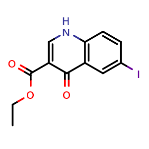 Chemical structure of 6-Iodo-4-oxo-1,4-dihydro-quinoline-3-carboxylic acid ethyl ester , CAS 302949-01-5, AChemBlock Y224991