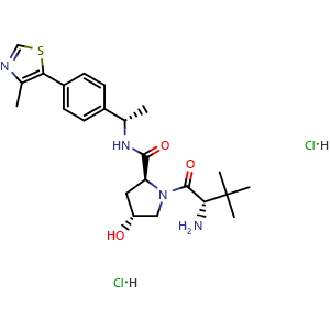 Chemical structure of (2S,4R)-1-((S)-2-amino-3,3-dimethylbutanoyl)-4-hydroxy-N-((S)-1-(4-(4-methylthiazol-5-yl)phenyl)ethyl)pyrrolidine-2-carboxamide dihydrochloride , CAS 2504950-56-3, AChemBlock Y225012