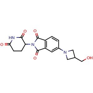 Chemical structure of 2-(2,6-dioxopiperidin-3-yl)-5-(3-(hydroxymethyl)azetidin-1-yl)isoindoline-1,3-dione , CAS 2241314-93-0, AChemBlock Y225016