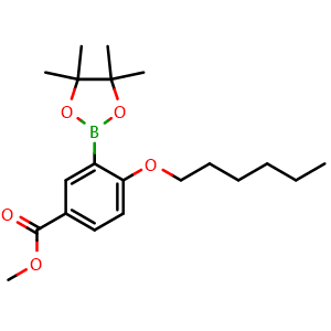 Chemical structure of methyl 4-(hexyloxy)-3-(4,4,5,5-tetramethyl-1,3,2-dioxaborolan-2-yl)benzoate , CAS 2901039-78-7, AChemBlock Y225047