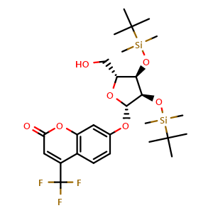Chemical structure of 7-(((2S,3R,4R,5R)-3,4-bis((tert-butyldimethylsilyl)oxy)-5-(hydroxymethyl)tetrahydrofuran-2-yl)oxy)-4-(trifluoromethyl)-2H-chromen-2-one , CAS 2412923-37-4, AChemBlock Y225054