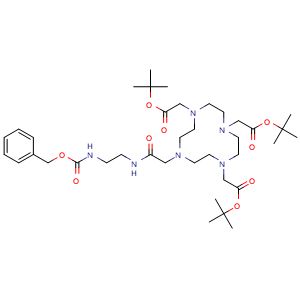 Chemical structure of tri-tert-butyl 2,2',2''-(10-(2-((2-(((benzyloxy)carbonyl)amino)ethyl)amino)-2-oxoethyl)-1,4,7,10-tetraazacyclododecane-1,4,7-triyl)triacetate , CAS 1027359-40-5, AChemBlock Y225098