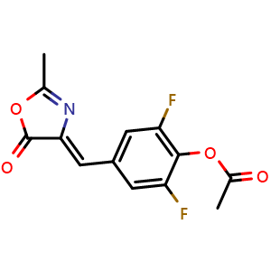 Chemical structure of 2,6-difluoro-4-{[(4Z)-2-methyl-5-oxo-4H,5H-1,3-oxazol-4-ylidene]methyl}phenyl acetate , CAS 1332478-75-7, AChemBlock Y225117