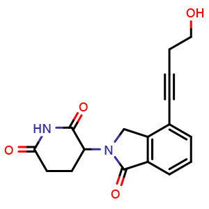 Chemical structure of 3-(4-(4-hydroxybut-1-yn-1-yl)-1-oxoisoindolin-2-yl)piperidine-2,6-dione , CAS 2207541-23-7, AChemBlock Y225151