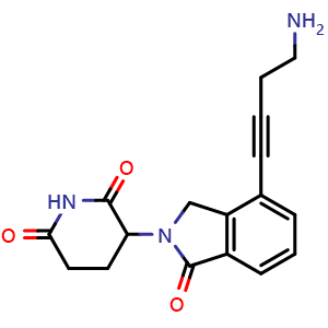 Chemical structure of 3-(4-(4-aminobut-1-yn-1-yl)-1-oxoisoindolin-2-yl)piperidine-2,6-dione , CAS 2138440-40-9, AChemBlock Y225152