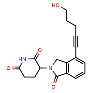 Chemical structure of 3-(4-(5-hydroxypent-1-yn-1-yl)-1-oxoisoindolin-2-yl)piperidine-2,6-dione , CAS 2138441-30-0, AChemBlock Y225155