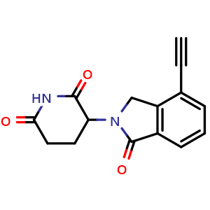 Chemical structure of 3-(4-ethynyl-1-oxoisoindolin-2-yl)piperidine-2,6-dione , CAS 1416990-26-5, AChemBlock Y225159