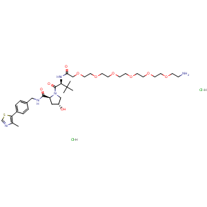 Chemical structure of (2S,4R)-1-((S)-23-amino-2-(tert-butyl)-4-oxo-6,9,12,15,18,21-hexaoxa-3-azatricosanoyl)-4-hydroxy-N-(4-(4-methylthiazol-5-yl)benzyl)pyrrolidine-2-carboxamide dihydrochloride , CAS 2763910-08-1, AChemBlock Y225169