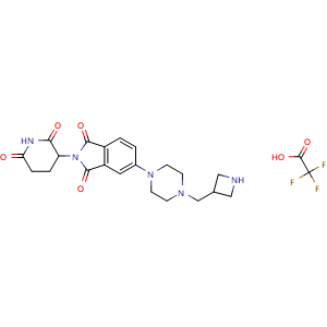 Chemical structure of 5-(4-(azetidin-3-ylmethyl)piperazin-1-yl)-2-(2,6-dioxopiperidin-3-yl)isoindoline-1,3-dione 2,2,2-trifluoroacetate , CAS 2791286-89-8, AChemBlock Y225177