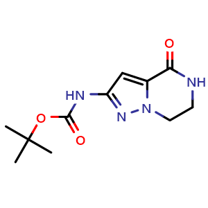 Chemical structure of 2-(tertbutoxycarbonyl)amino-4,5,6,7-tetrahydro-4-oxo-pyrazolo[1,5-a]pyrazine , CAS 1029721-00-3, AChemBlock Y225217