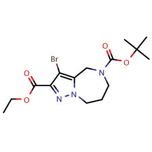 Chemical structure of 5-tert-butyl 2-ethyl 3-bromo-7,8-dihydro-4H-pyrazolo[1,5-a][1,4]diazepine-2,5(6H)-dicarboxylate , CAS 1301714-32-8, AChemBlock Y225233