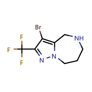 Chemical structure of 3-bromo-2-(trifluoromethyl)-5,6,7,8-tetrahydro-4H-pyrazolo[1,5-a][1,4]diazepine , CAS 1824597-72-9, AChemBlock Y225238