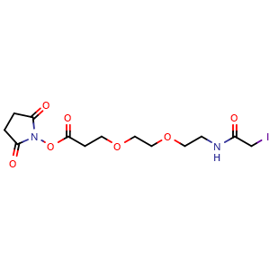 Chemical structure of 2,5-dioxopyrrolidin-1-yl 3-(2-(2-(2-iodoacetamido)ethoxy)ethoxy)propanoate , CAS 2514943-99-6, AChemBlock Y225247