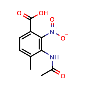 Chemical structure of 3-acetamido-4-methyl-2-nitrobenzoic acid , CAS 7356-52-7, AChemBlock Y225269