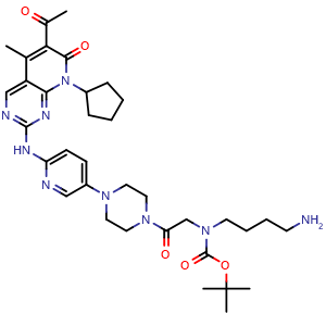 Chemical structure of tert-butyl (2-(4-(6-((6-acetyl-8-cyclopentyl-5-methyl-7-oxo-7,8-dihydropyrido[2,3-d]pyrimidin-2-yl)amino)pyridin-3-yl)piperazin-1-yl)-2-oxoethyl)(4-aminobutyl)carbamate , CAS 2417408-90-1, AChemBlock Y225280
