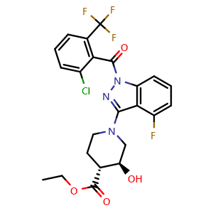 Chemical structure of ethyl (3S,4R)-1-(1-(2-chloro-6-(trifluoromethyl)benzoyl)-4-fluoro-1H-indazol-3-yl)-3-hydroxypiperidine-4-carboxylate , CAS 2411881-21-3, AChemBlock Y225284