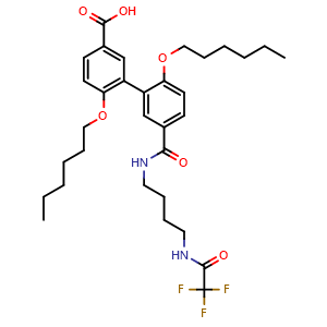 Chemical structure of 2',6-bis(hexyloxy)-5'-((4-(2,2,2-trifluoroacetamido)butyl)carbamoyl)-[1,1'-biphenyl]-3-carboxylic acid , CAS 2901039-58-3, AChemBlock Y225287