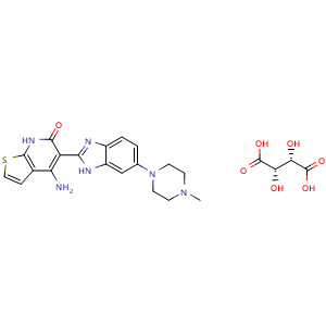 Chemical structure of 4-amino-5-(6-(4-methylpiperazin-1-yl)-1H-benzo[d]imidazol-2-yl)thieno[2,3-b]pyridin-6(7H)-one (2S,3S)-2,3-dihydroxysuccinate , CAS 2745113-87-3, AChemBlock Y225292