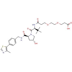 Chemical structure of 3-(2-(3-(((S)-1-((2S,4R)-4-hydroxy-2-((4-(4-methylthiazol-5-yl)benzyl)carbamoyl)pyrrolidin-1-yl)-3,3-dimethyl-1-oxobutan-2-yl)amino)-3-oxopropoxy)ethoxy)propanoic acid , CAS 2172820-09-4, AChemBlock Y225297