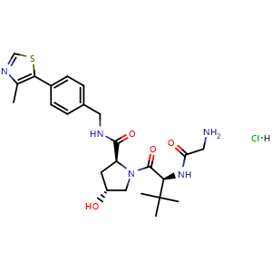 Chemical structure of (2S,4R)-1-((S)-2-(2-aminoacetamido)-3,3-dimethylbutanoyl)-4-hydroxy-N-(4-(4-methylthiazol-5-yl)benzyl)pyrrolidine-2-carboxamide hydrochloride , CAS 2361120-26-3, AChemBlock Y225299